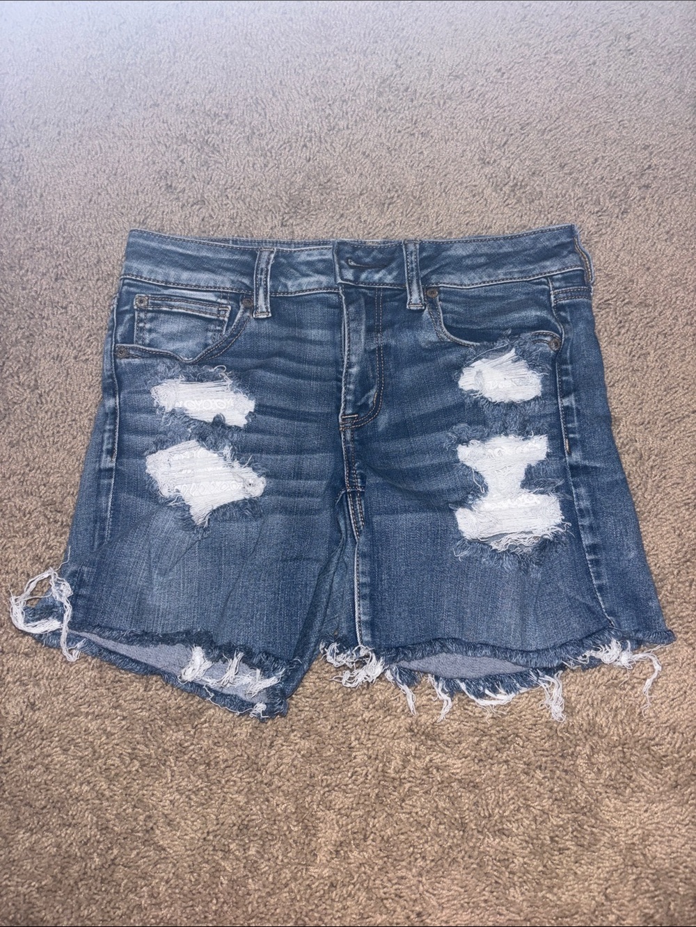 American Eagle Distressed Dark Wash Denim Shorts - Frayed Hem